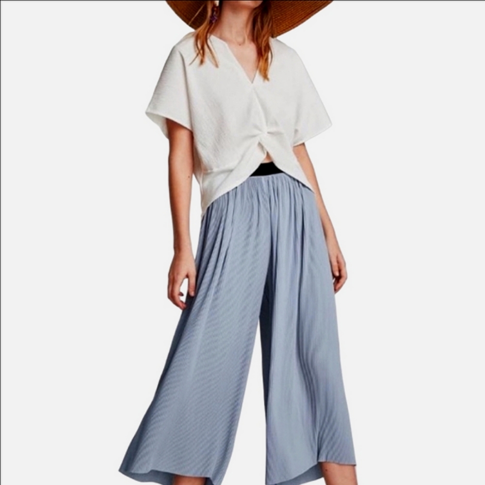 🆕 ZARA PLEATED CULOTTES TROUSERS LIGHT BLUE CROPPED PANTS WITH VELVET WAISTBAND